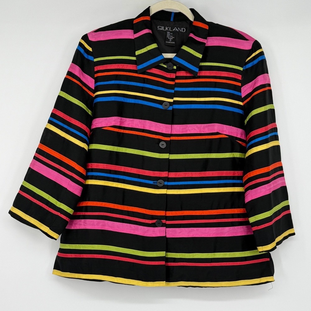 Silkland 100% Silk Jacket Blazer Size 10 Black Rainbow Stripe Art to Wear